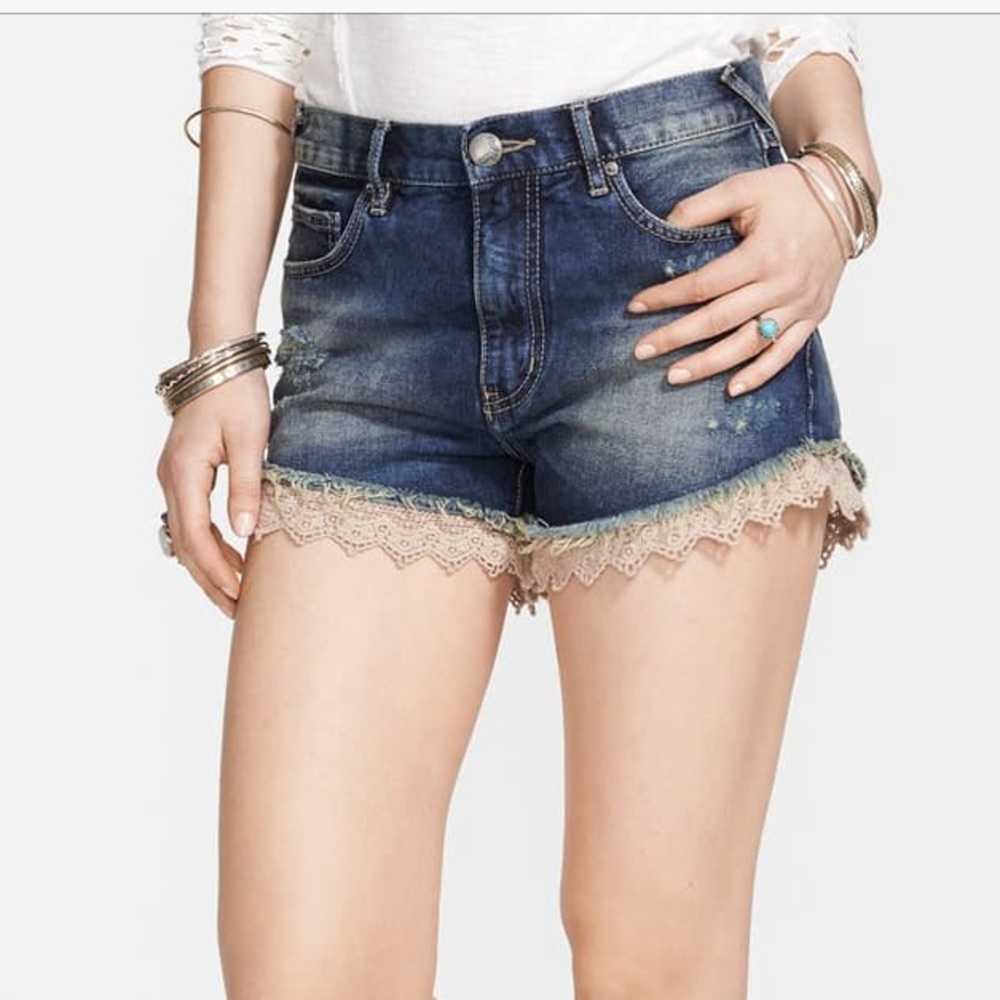 Free People Cutoff Jean Shorts Lace Trim